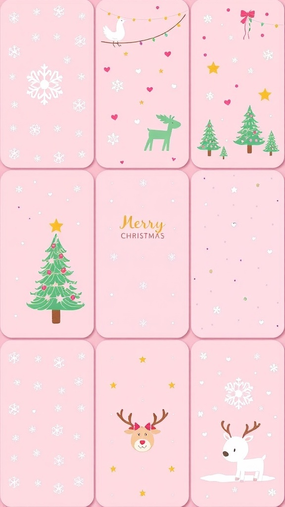 A selection of cute pink Christmas wallpapers with holiday designs like snowflakes and reindeer on a soft pink background.